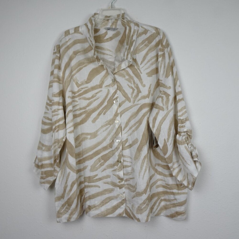 John Mark Linen Blend Tunic Top Women's Plus Size 3X White Beige Print